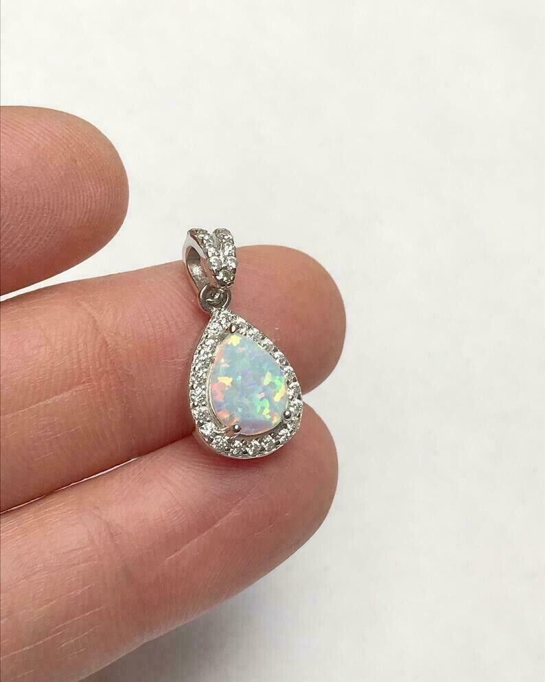 1.5 Ct Pear Fire Opal Lab Created Diamond Pendant Necklace 14K White Gold Finish