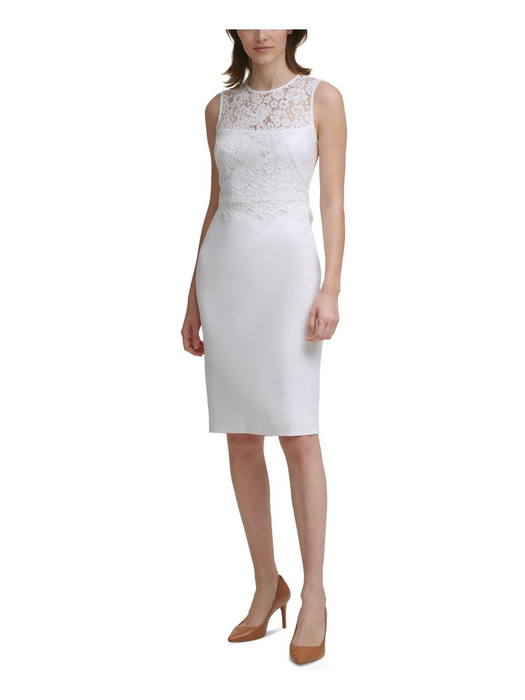 CALVIN KLEIN Womens Ivory Lace-overlay Scuba Crepe Dress Petites 4P