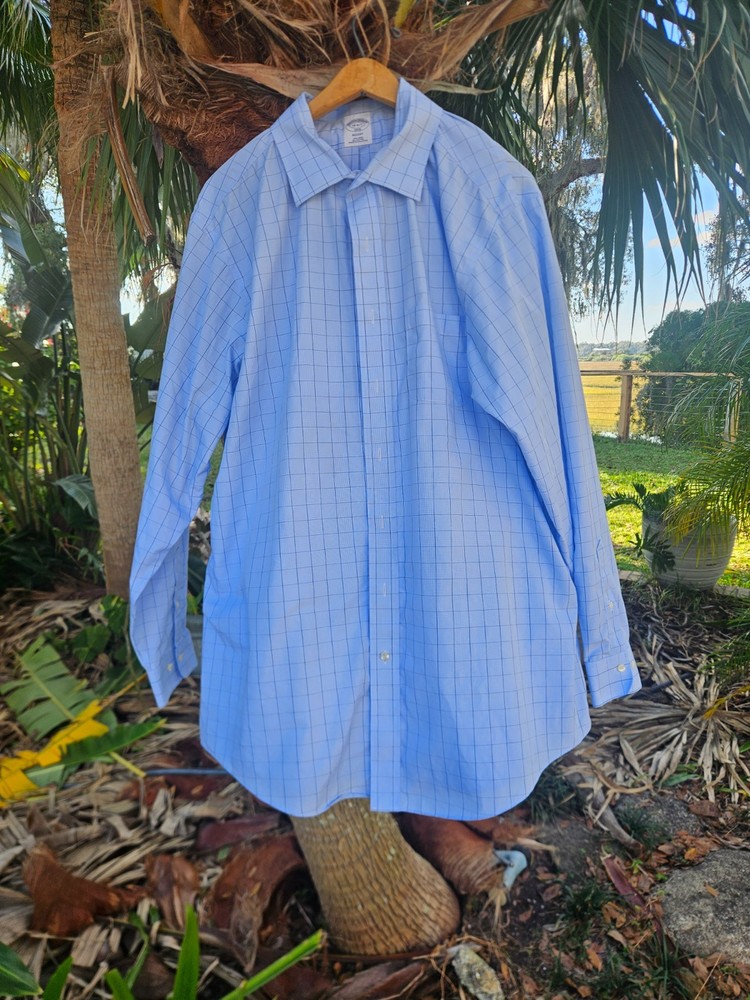 Brooks Brothers 1818 Regent Dress Shirt 18 36/37 Non-Iron Blue Windowpane Check