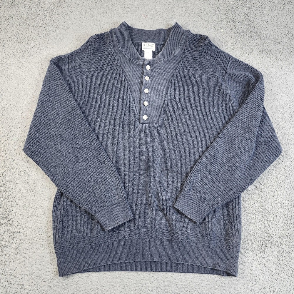 Vintage LL Bean Sweater Mens XL Blue Henley Button Front Cotton Knit 90s