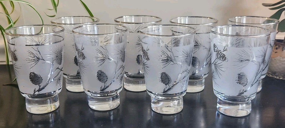 8 Vintage Libbey Ponderosa Pine Frosted Silver Cocktail Glasses 10oz 5 Inch Set of 8