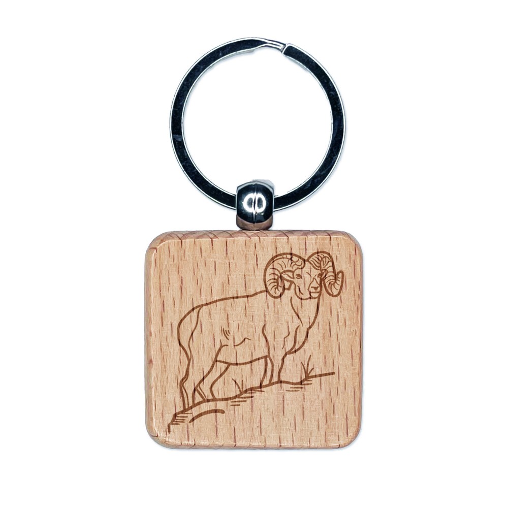 Bighorn Sheep Ram Engraved Wood Square Keychain Tag Charm