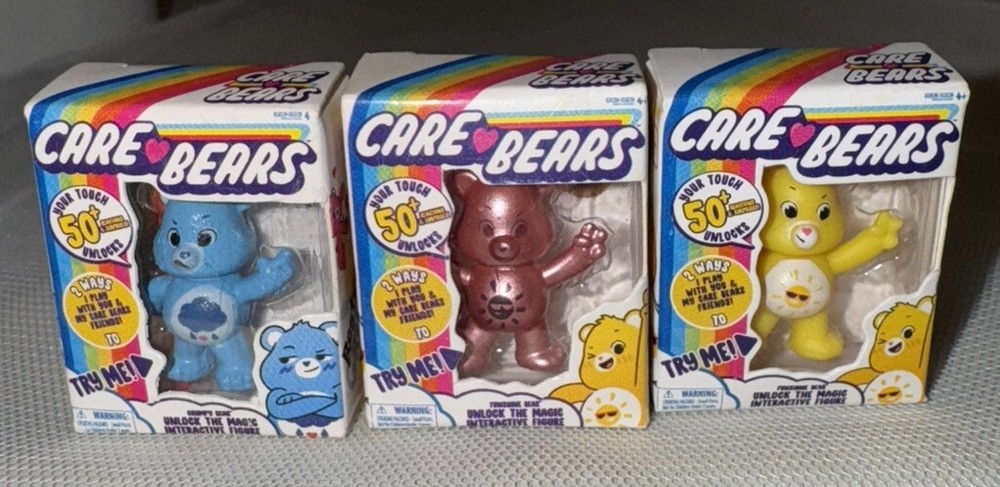 Lot of 3 Mini Rose Gold Care Bears: Sunshine, Resting Grumpy Face, Funshine