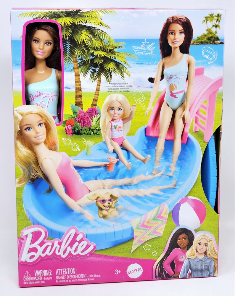 Barbie Doll & Pool Playset Brunette in Seafoam Blue One-Piece Swimsuit with Pool