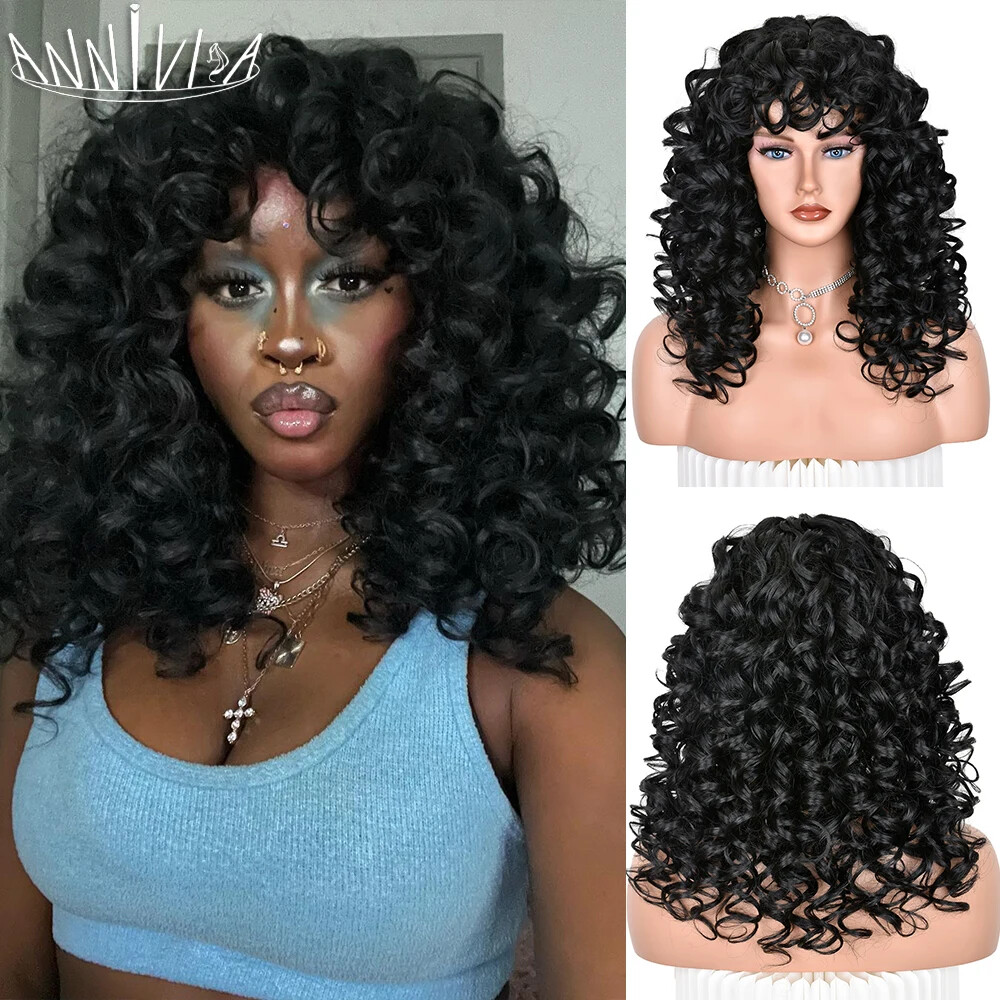 Long Black Curly Wig With Bangs Synthetic Afro Hair Glueless