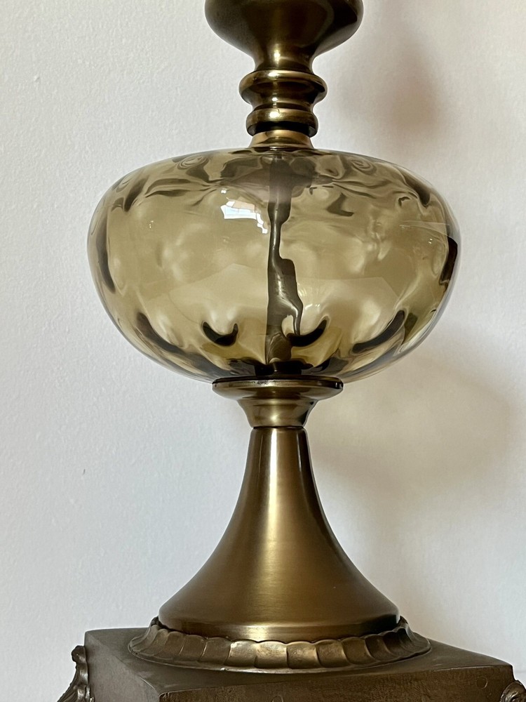 Vtg MCM Brass Glass Globe Table LAMP orig Harp & Finial Hollywood  Regency Works