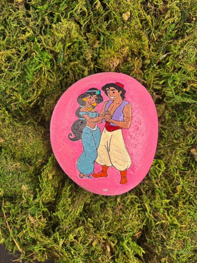 Hand Painted Disney's Jasmin and Aladdin  Garden River Rock Weather Resistant