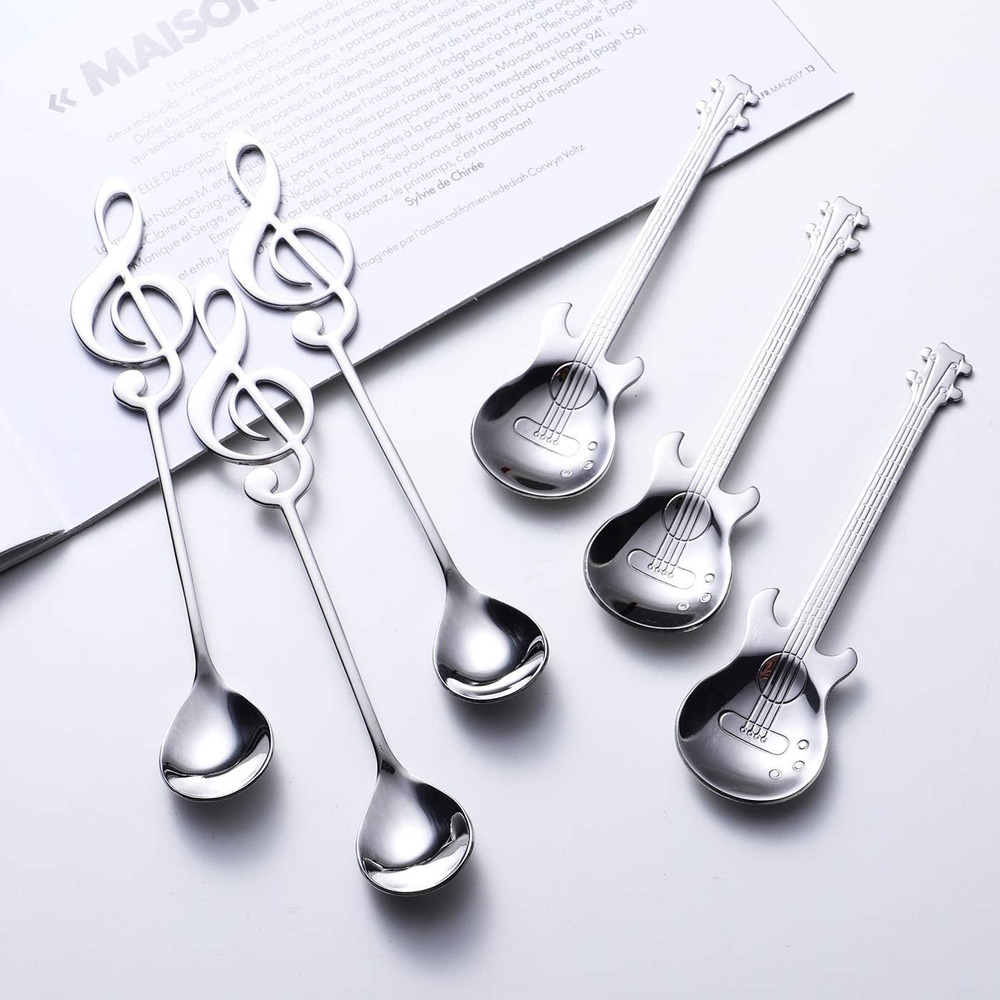 Music Note Spoons and Guitar Spoons Set 6-Pack Creative Cute Teaspoons 18/10 Sta