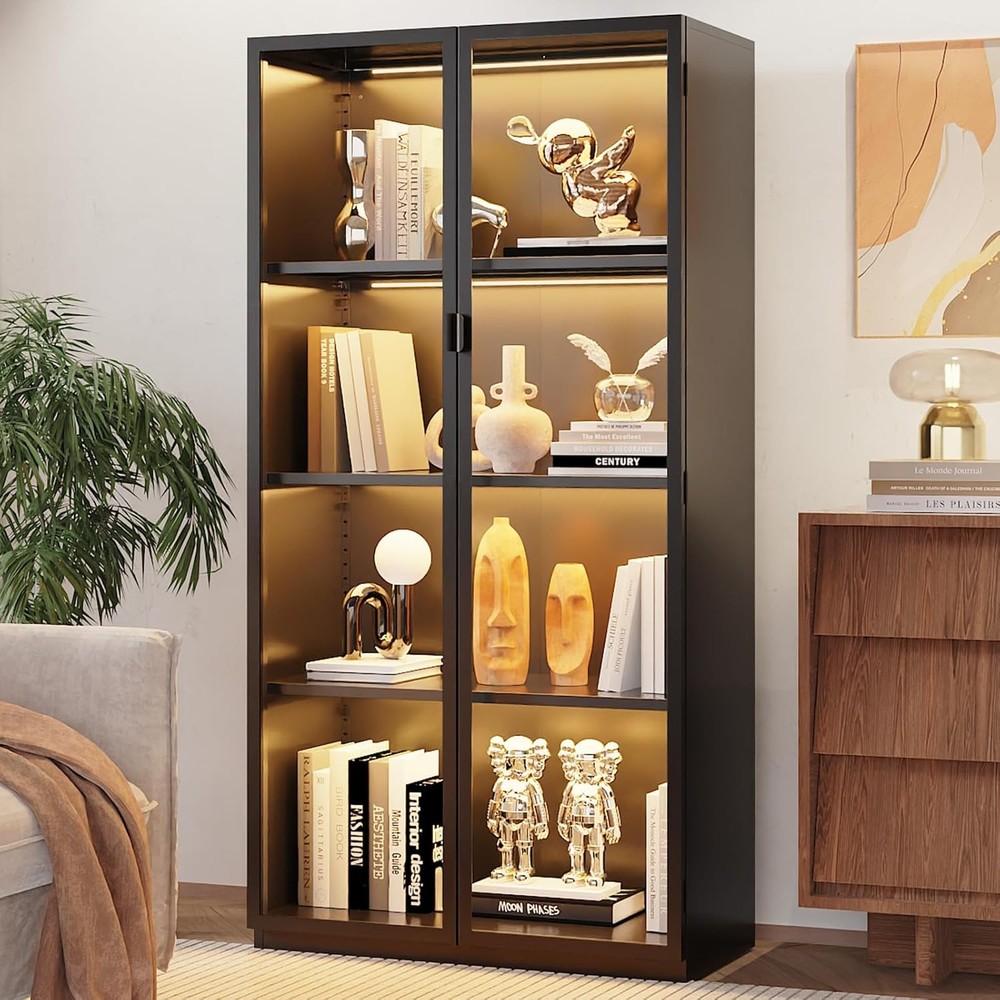Glass Display Cabinet with 3 Shelves and LED Lighting for Showcase