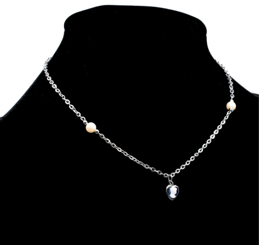 Blue Heart Victorian Woman Cameo Silver Chain Stylish Necklace 15 