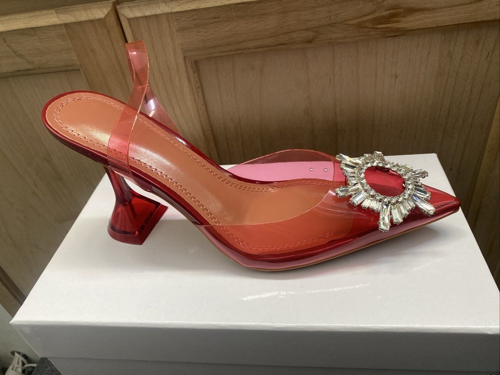 Red  PVC clear vinyl heels pointed toe rhinestone embellished decor Size 8.5
