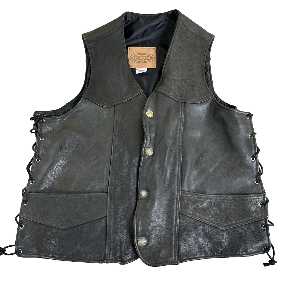 The Kerr Co. Black Leather Buffalo Snap Motorcycle Vest. Men's Size XXL