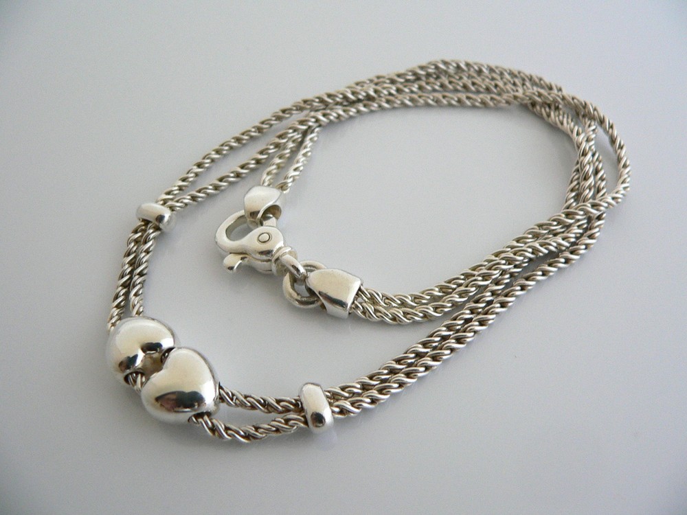 Tiffany & Co Silver Double Two Puff Heart Rope Necklace Pendant Charm Chain Gift