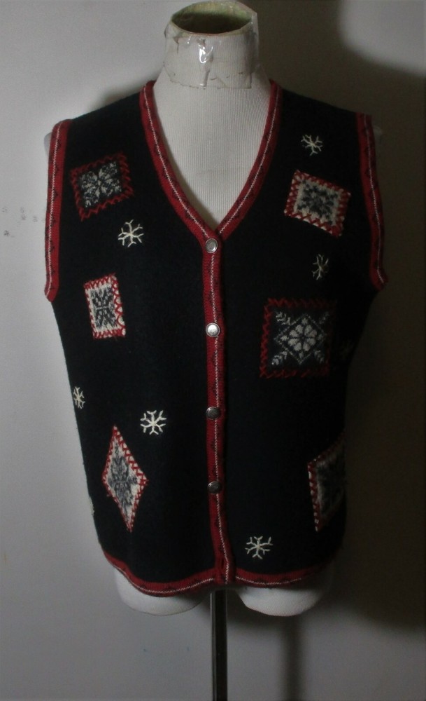 Women's WOOLRICH Black 100% Wool Embroidered Vest Size M