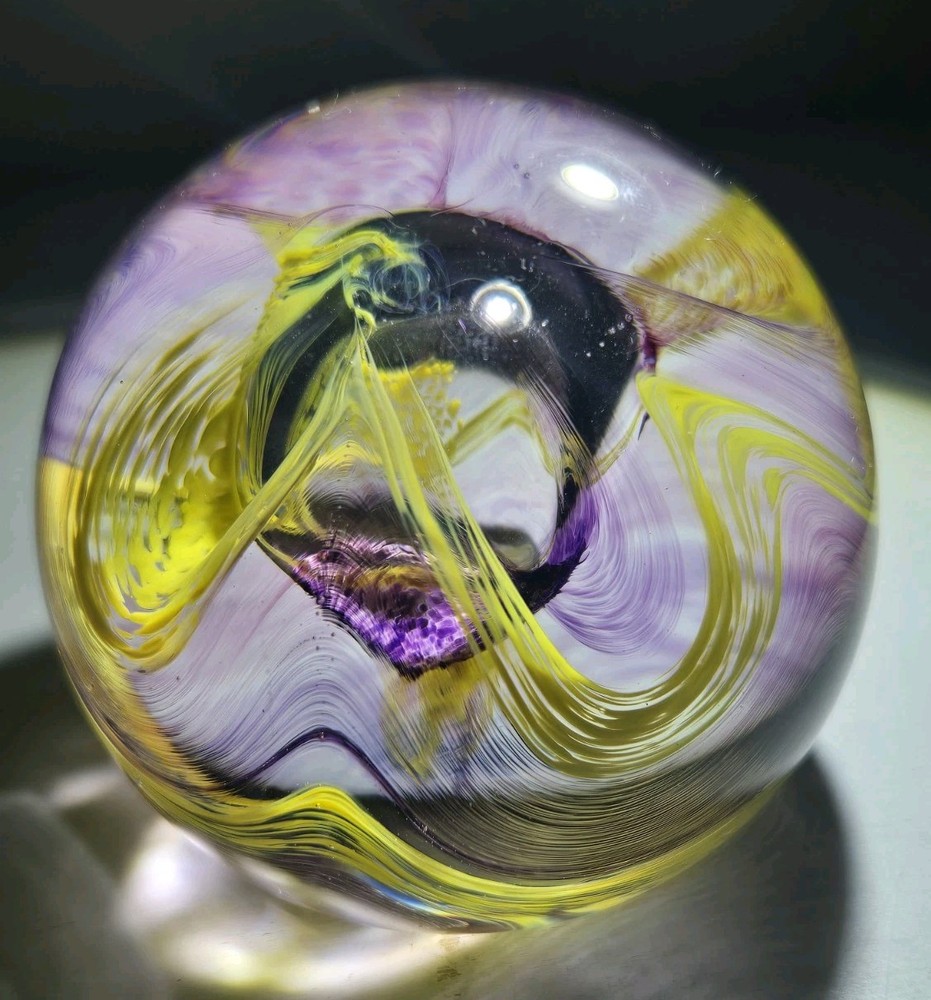 Vintage Caithness Moon Crystal Art Glass Paperweight Scotland Purple & Yellow