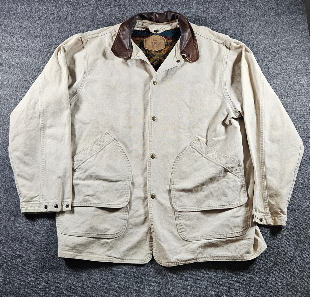 Vintage Woolrich Aztec Blanket Lined Chore Coat Mens XL Canvas Beige Made In USA