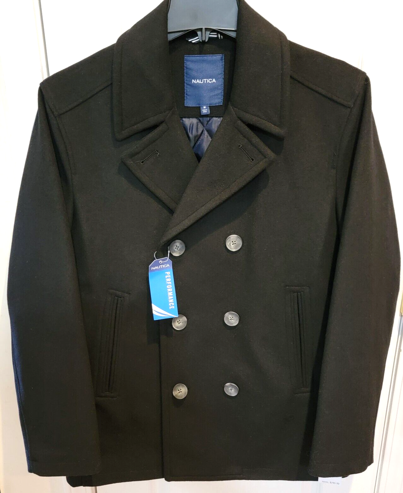 Nautica Men Black Wool Blend Water-resistant Overcoat Peacoat Jacket Coat M