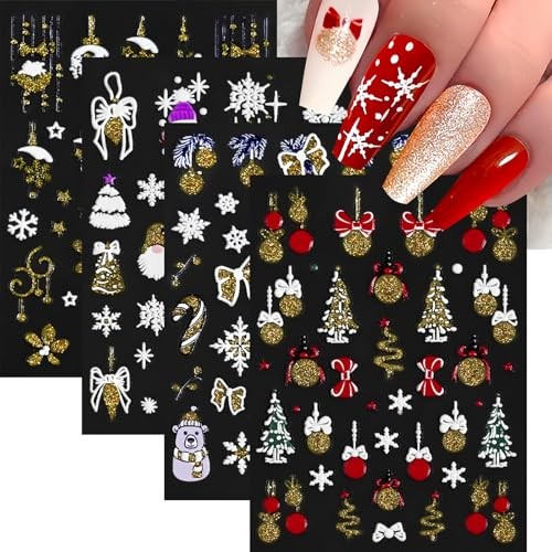 5D Christmas Nail Art Stickers - 4 Snowflake & Cane Decals