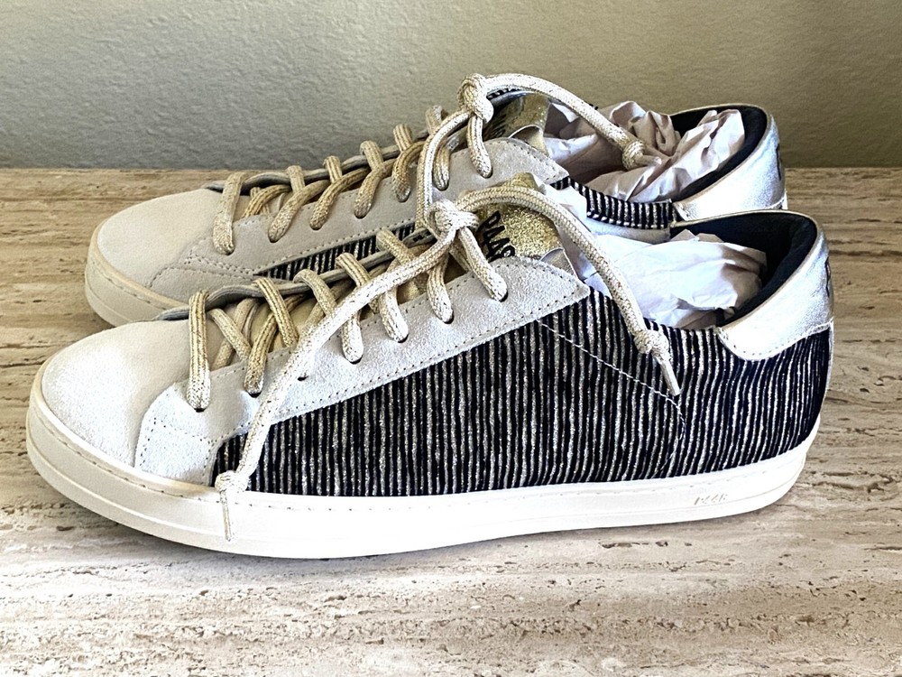 NEW P448 BEIGE SUEDE BLACK METALLIC GOLD LOW TOP SKATE SNEAKERS SIZE: 39 /US 8.5
