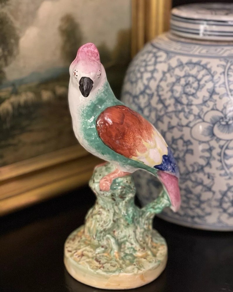 Splendid 19C English Staffordshire Tropical Parrot Macaw Figurine 9 Inch