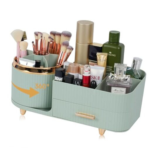 Makeup Organizer Countertop with Drawer 360 Rotating Brush Holder Storage