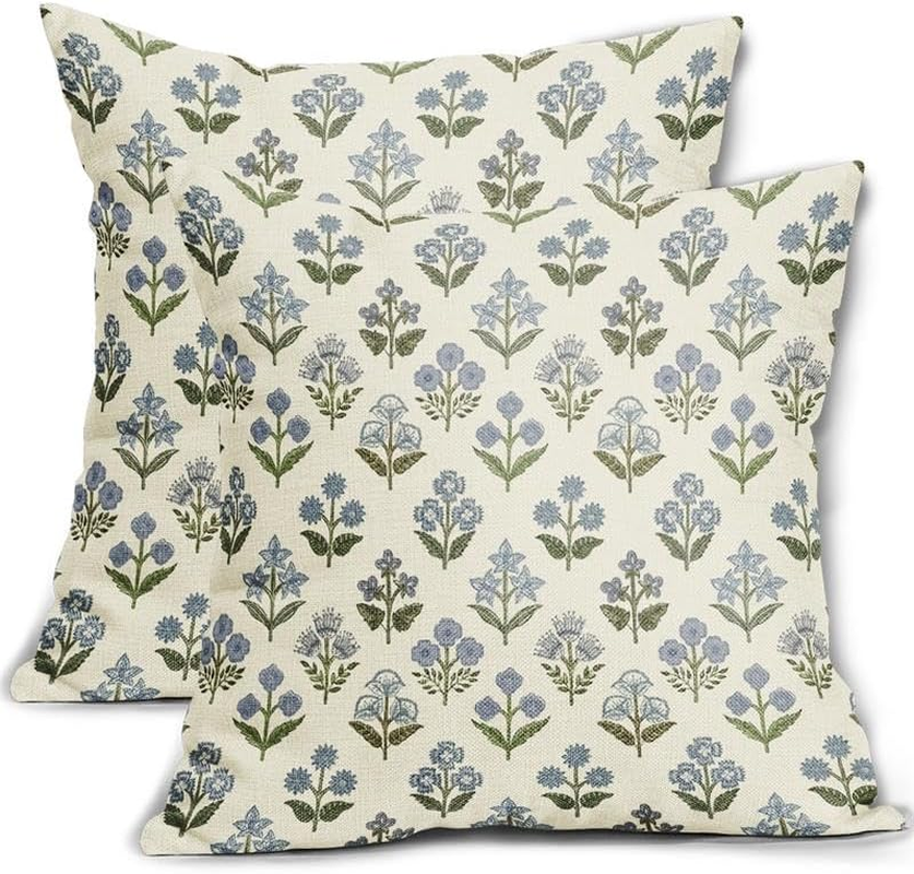 Blue Green Block Print 18x18 Inch Pillow Covers Set of 2 Vintage Floral Spring Design