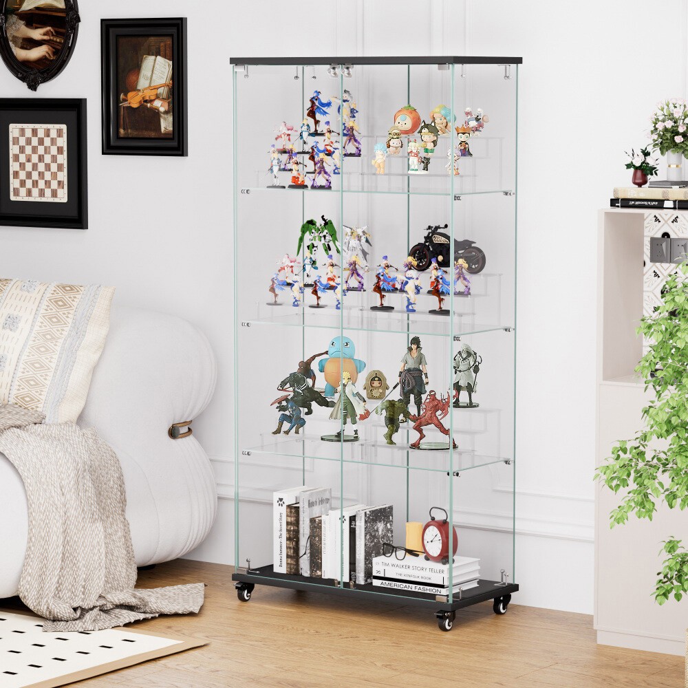 Modern 4-Tier Glass Display Floor Cabinet with Lock & Wheels for Stylish Storage