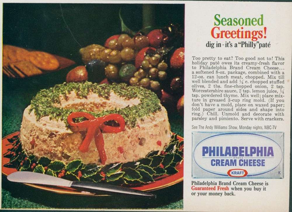 1965 Vintage Philadelphia Cream Cheese Holiday Ad Philly Pate Recipe Retro Print Ad GH2