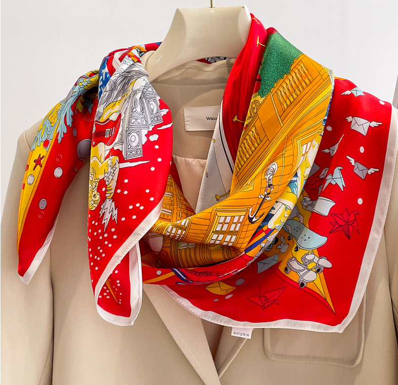 100% Silk 35'' Scarf Women Kerchief Square Bandana Wrap Vintage Mermaid sailboat