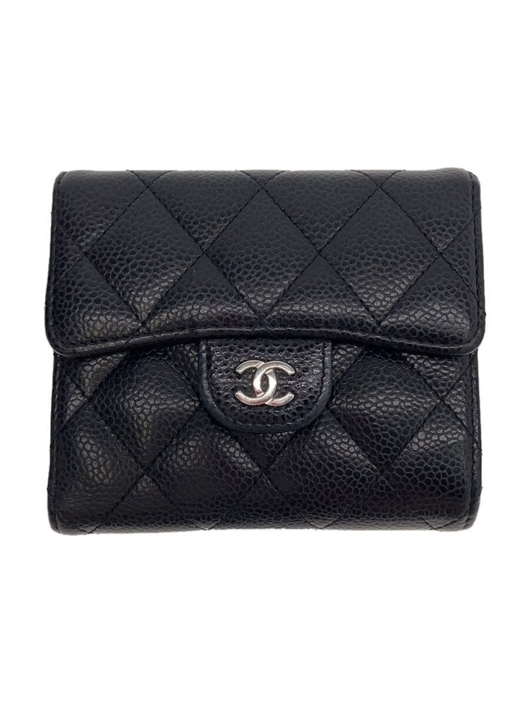 CHANEL Tri-Fold Compact Wallet AP0230 Matelassé Caviar Leather Black Pre-Loved