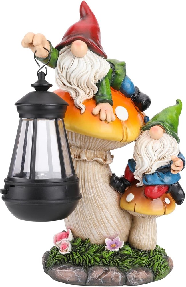 Large Funny Garden Gnome Statue Climbing Mushroom Holding Lantern