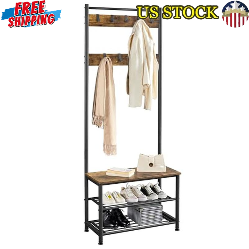 3-In-1 Coat Rack Shoe Bench Organizer 9 Hooks Storage Industrial Easy Assembly