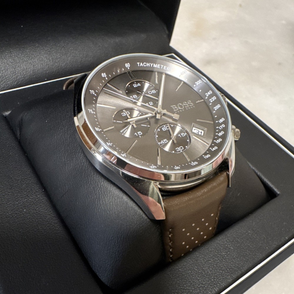 BOSS Chronograph Tachymeter Wristwatch Brown Leather Strap Gray Dial Silver Case