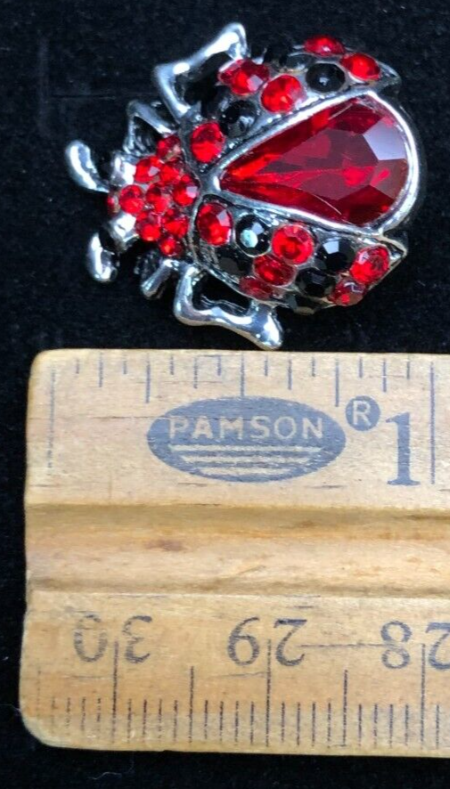 Vintage Ladybug Brooch Pin Red Silver Crystal Glass Rhinestone