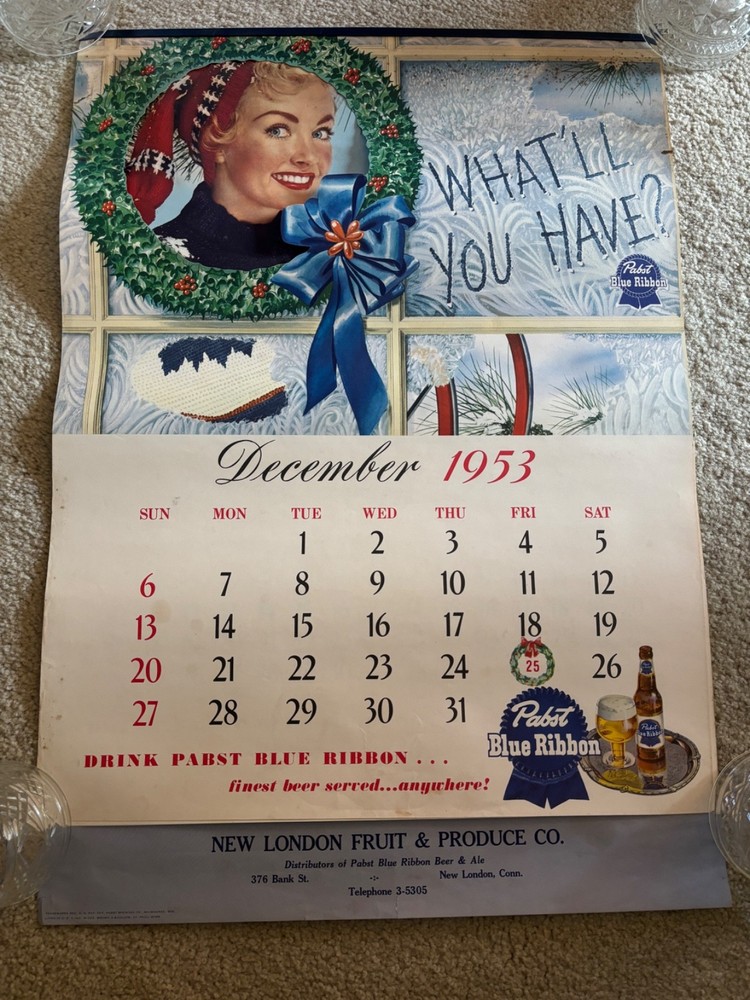 BEAUTIFUL 1953 PABST BLUE RIBBON BEER FISHING HUNTING TENNIS NAUTICAL CALENDAR