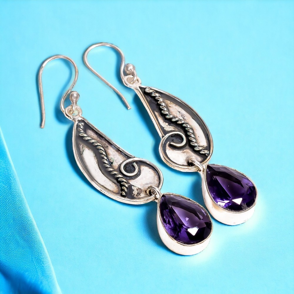 Natural Amethyst Gemstone Drop/Dangle Dailywear Earrings 925 Sterling Silver