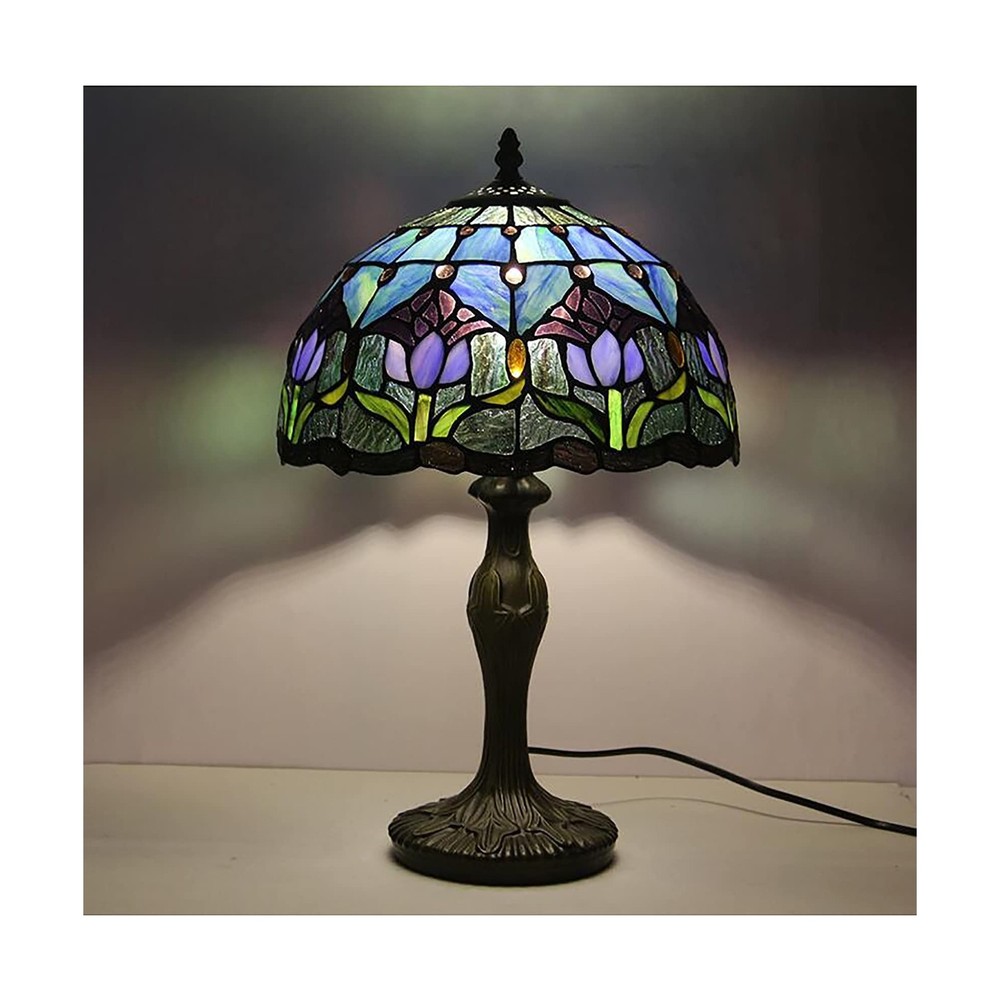 Tiffany Style Table Lamp Stained Glass Lamp Shade Purple Tulip Flower Reading...
