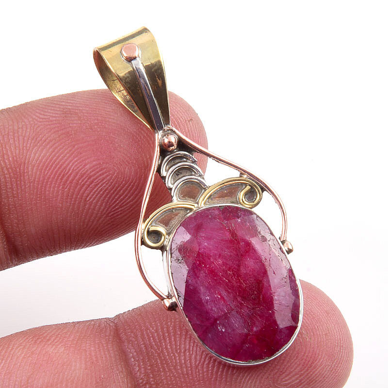Red Ruby(Simulated) Handmade 925 Sterling Silver Two Tone Pendant 1.50