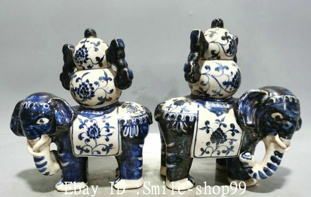 9.4 Inch Antique Qing Dynasty Blue and White Porcelain Elephant Gourd Animal Statue Pair Vintage Decor