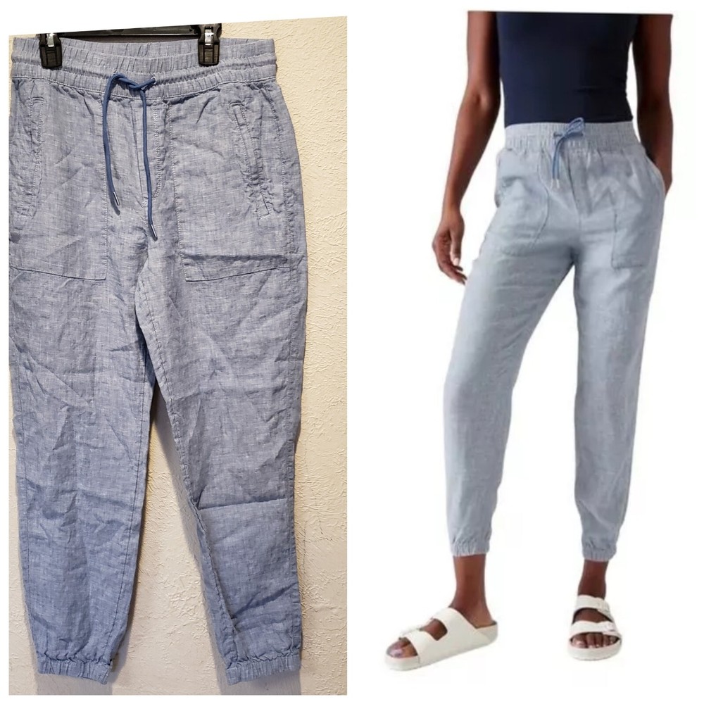 Athleta Womens Retreat Linen Jogger Pants in Blue Chambray Size 2