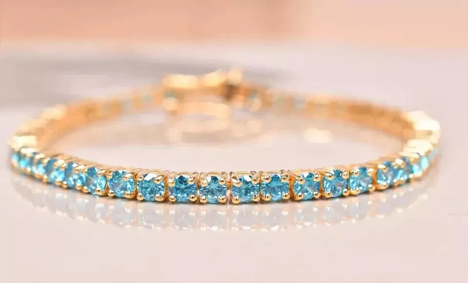 7.50Ct Round Cut Lab Created Blue Topaz Tennis Bracelet 14K Yellow Gold Plated