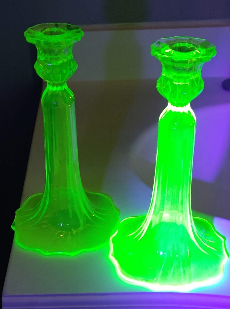 Tiffin Vaseline Glass Candlesticks 9