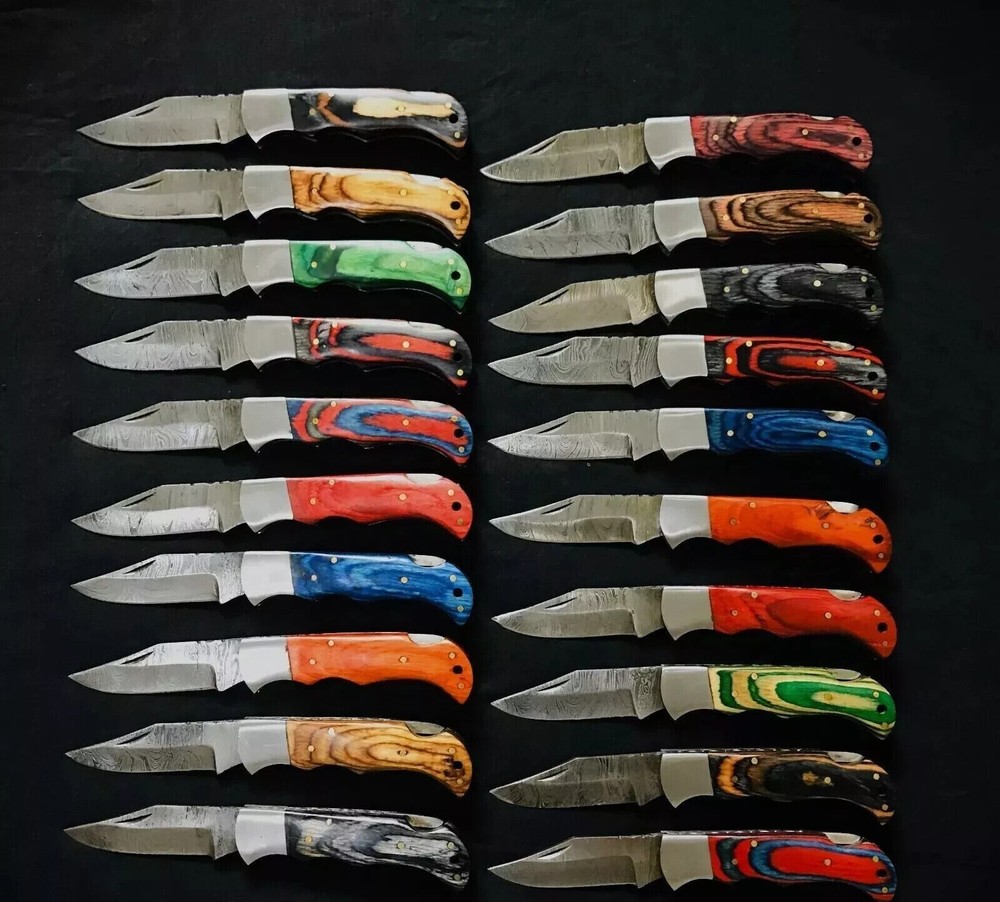 LOT of 20 pcs Damascus Steel Hunting Folding knife, Pocket Knives w/ Sheath