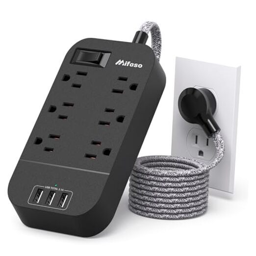 Power Strip - 10 FT Long Flat Plug Extension Cord, 6 Outlets 3 USB 10 ft Black