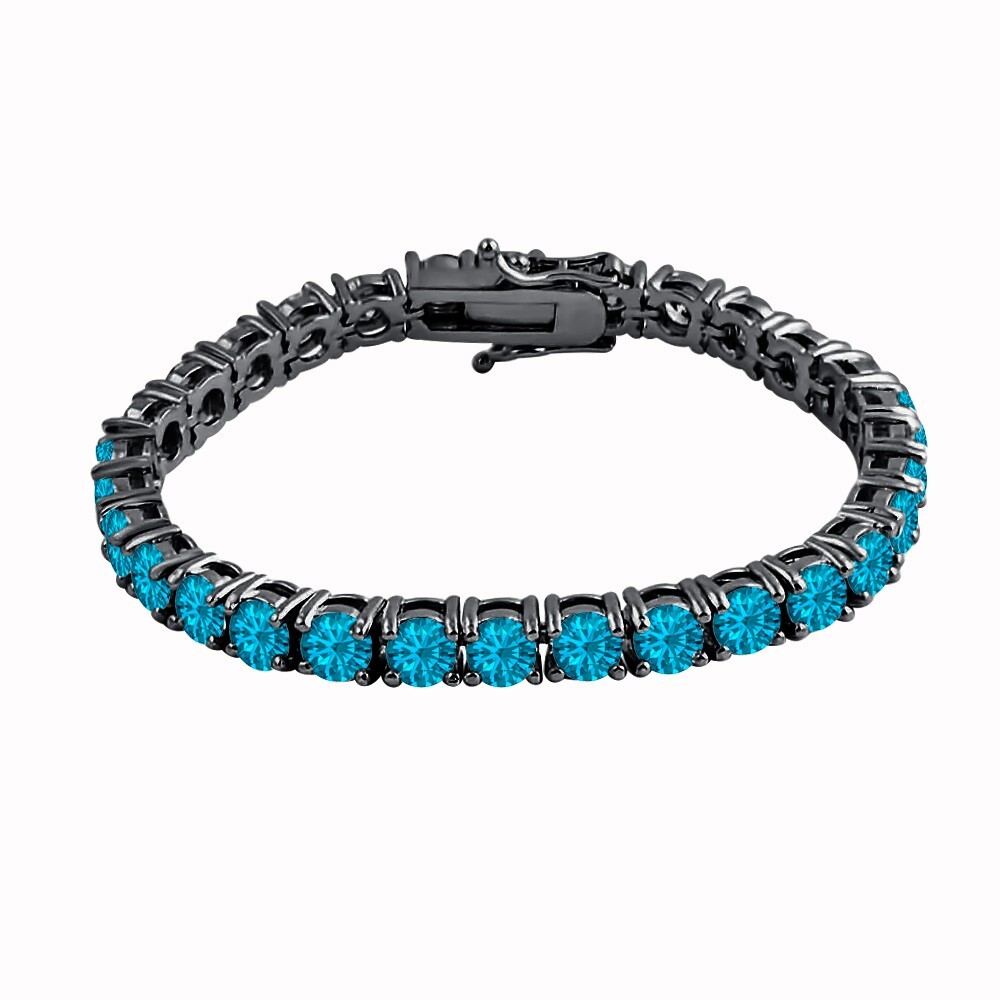 14K Black Gold Plated Silver Swiss Blue Topaz Tennis Bracelet 8 Inch 14ctw