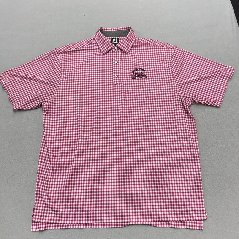 FootJoy Polo Shirt Mens XL Pink Gingham Caledonia Golf & Fish Club Performance