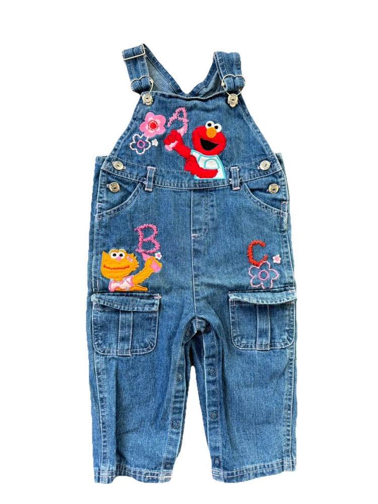Vintage Elmo Sesame Street Kids Embroidered Denim Overalls Sz 18M RARE