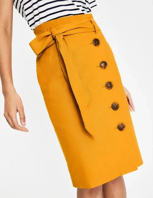 Boden Skirt  Marigold Yellow Leonora Button Front Pencil Tie Waist Linen  2 NWT