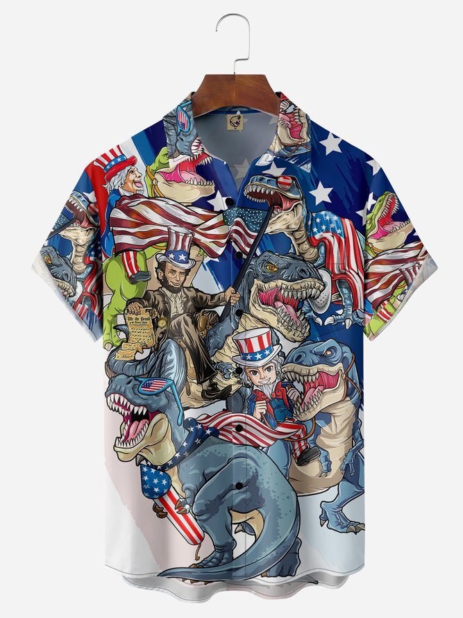 Memorial Day Dinosaur Flag Hawaiian Shirt with Chest Pocket