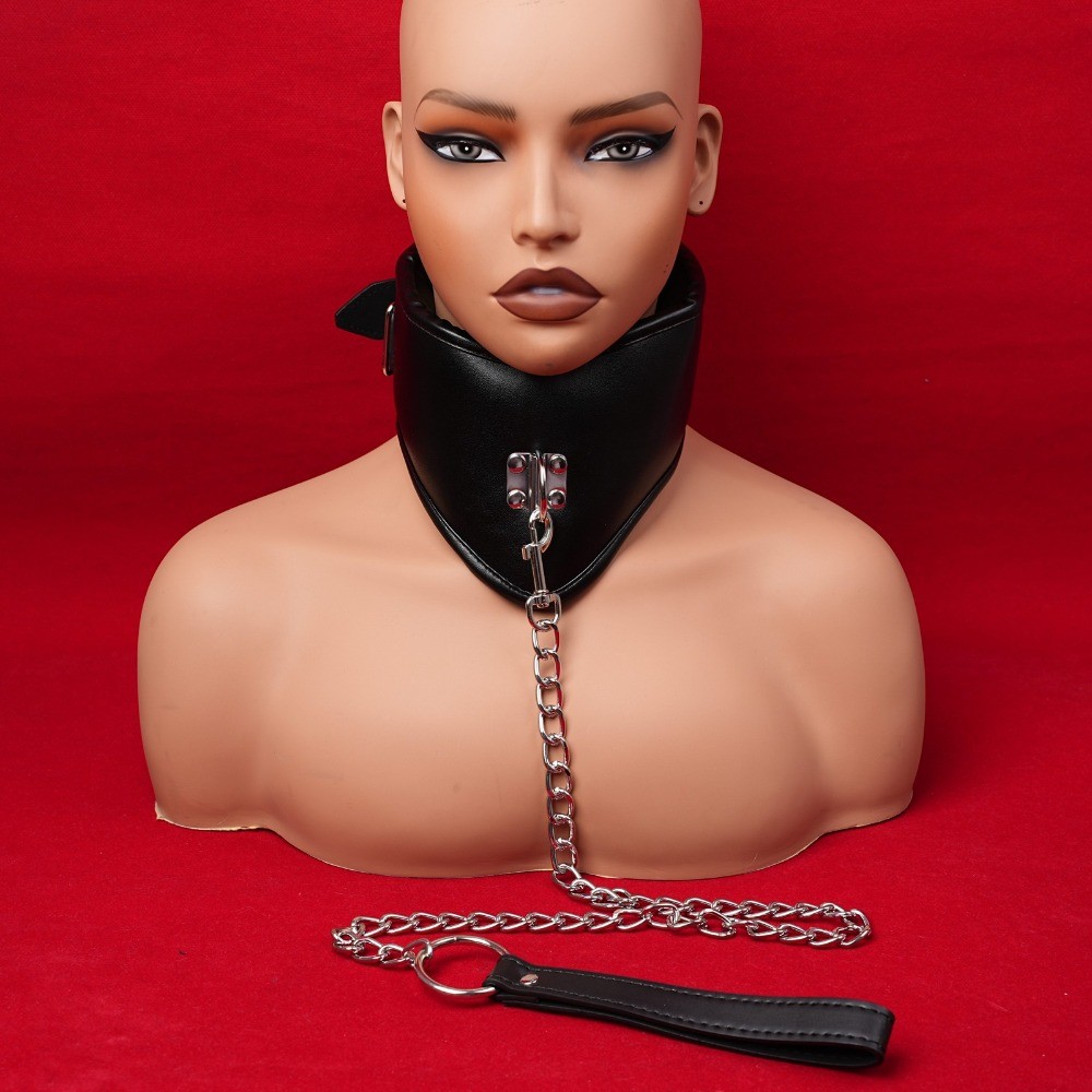 PU Leather Neck Collar with Chain Posture Corset BDSM Bondage Slave Roleplay US